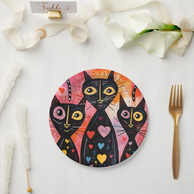 Paper plates Valentine's Day Cat Red Hearts  Pappteller (Hochzeit)