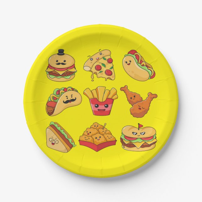 Paper Plates, Yellow Tacos Fries Hotdogs Hamburger Pappteller (Vorderseite)