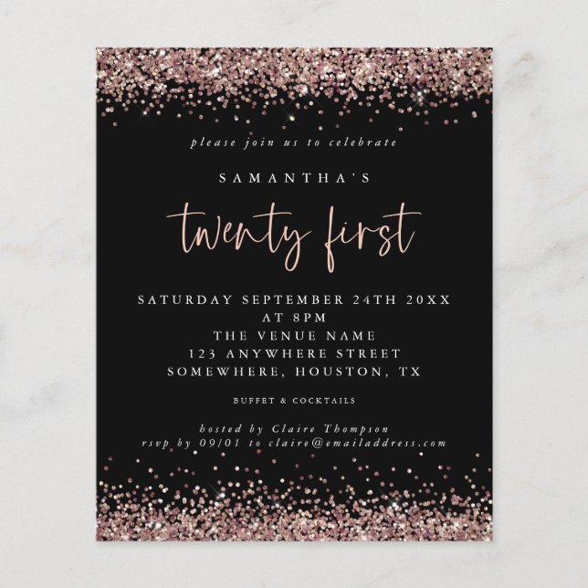 PAPER Rose Gold Glitter Black 21st Party Flyer (Vorne)