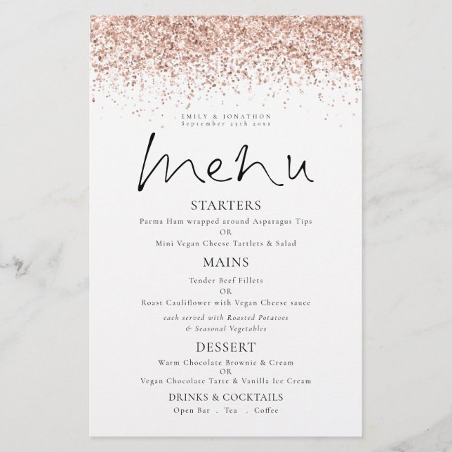 PAPER Rose Gold Glitzer Skript Hochzeitmenü Flyer (Vorne)