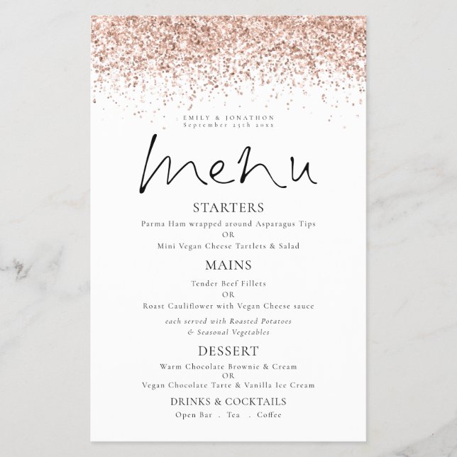 PAPER Rose Gold Glitzer Skript Hochzeitmenü Flyer (Vorne)