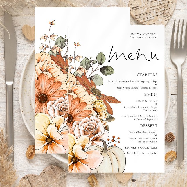 PAPER Rustic Fall Florals Pumpkin Wedding Menü (Front and back view)