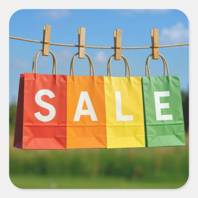 Paper Shopping Bags On a Clothesline Quadratischer Aufkleber (Vorderseite)