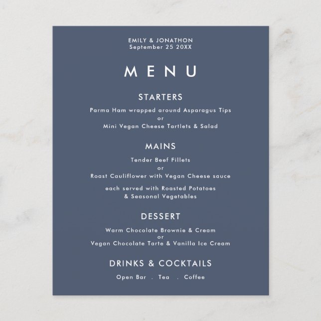 PAPER Simple Text Dusty Navy Blue Wedding Menu Flyer (Vorne)