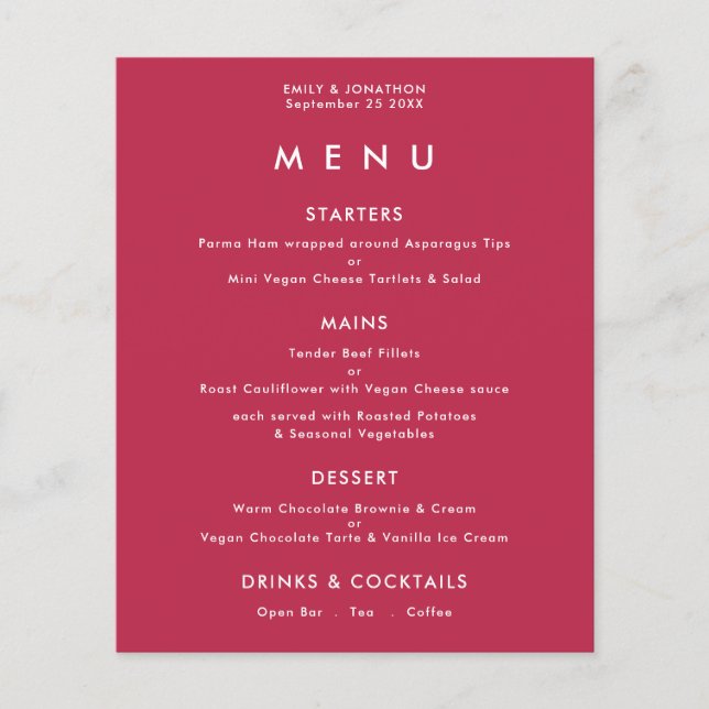PAPER Simple Text Magenta Wedding Menu Flyer (Vorne)