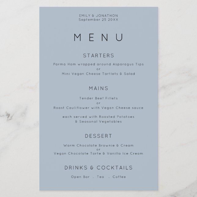 PAPER Simple Typografy Dusty Blue Wedding Menu Flyer (Vorne)
