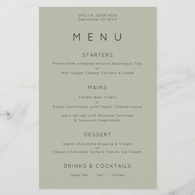 PAPER Simple Typografy Soft Sage Wedding Menu Flyer (Vorne)
