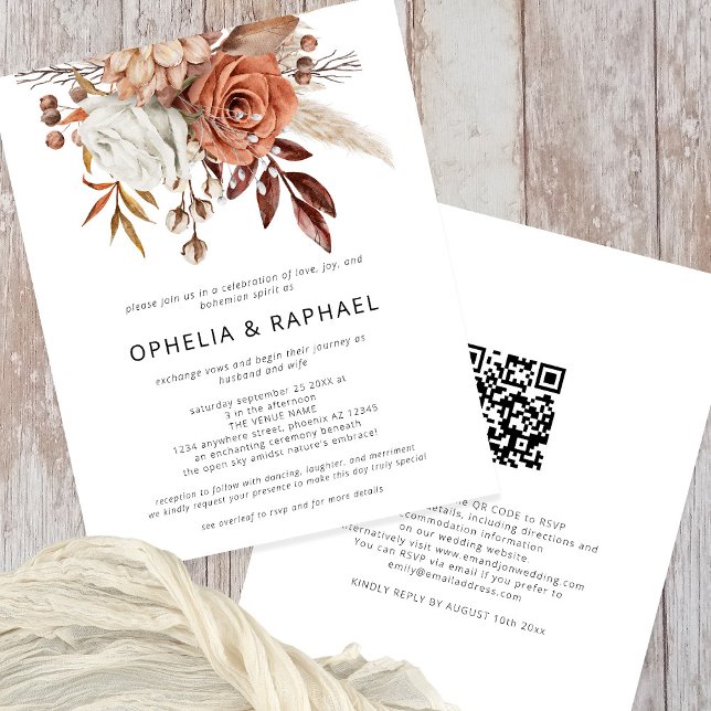 PAPER Terracotta Florals QR Code Bohemisch Wedding Flyer (Front and Back View)