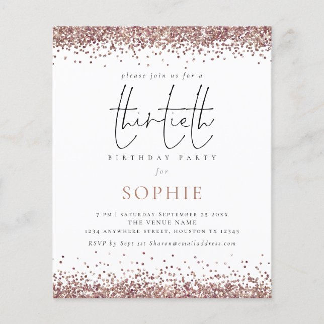 PAPER Trendy Rose Gold Glitzer 30. Party Einladung Flyer (Vorne)
