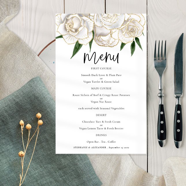 PAPER White Gold Florals Script Wedding Menü (Von Creator hochgeladen)