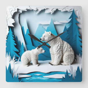 Papercraft-Szene mit Eisbären in blauer arktischer Quadratische Wanduhr