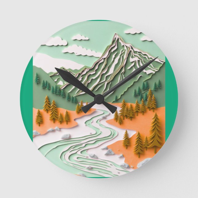 Papercut-Berg-Design Runde Wanduhr (Vorderseite)