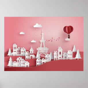Papercut Couple Hot Air Ballon Paris Poster