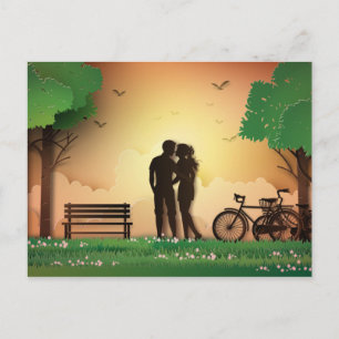 Papercut Couple in Park Sunset, Fahrrad Postkarte