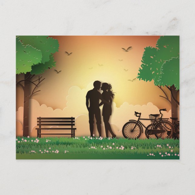 Papercut Couple in Park Sunset, Fahrrad Postkarte (Vorderseite)