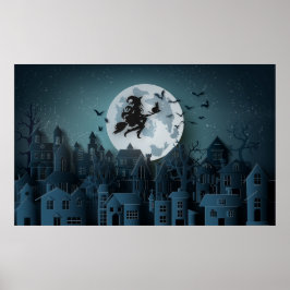 Papercut Halloween Witwe fliegt über Dorf Poster