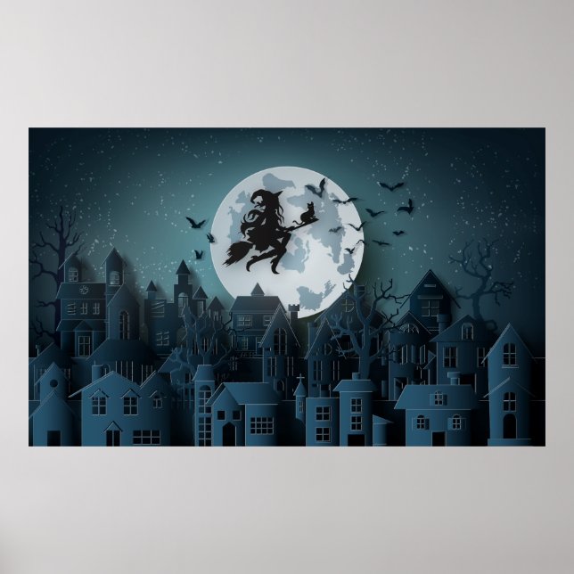 Papercut Halloween Witwe fliegt über Dorf Poster (Vorne)