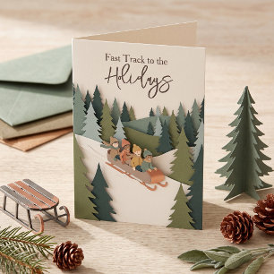 Papercut Holidays Spruce Sledding Modern Folded Feiertagskarte