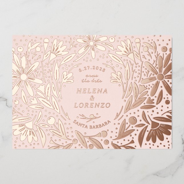 Papercut Rustikale Blume Save the Date Rose Gold Folieneinladung (Vorderseite)