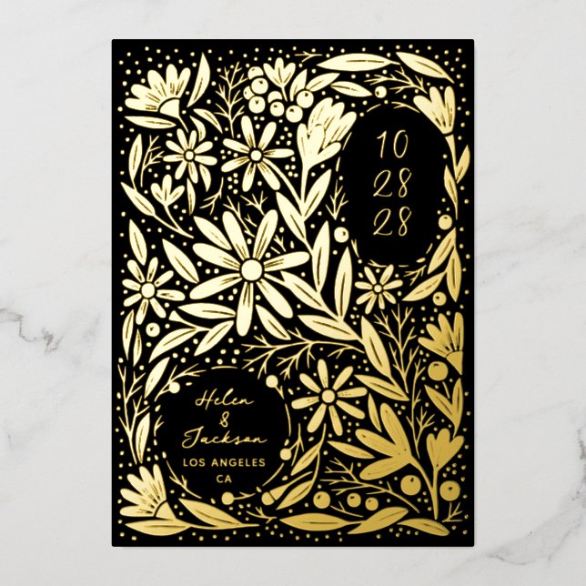Papercut Rustikale Blume Save the Date schwarz Folieneinladung (Vorderseite)