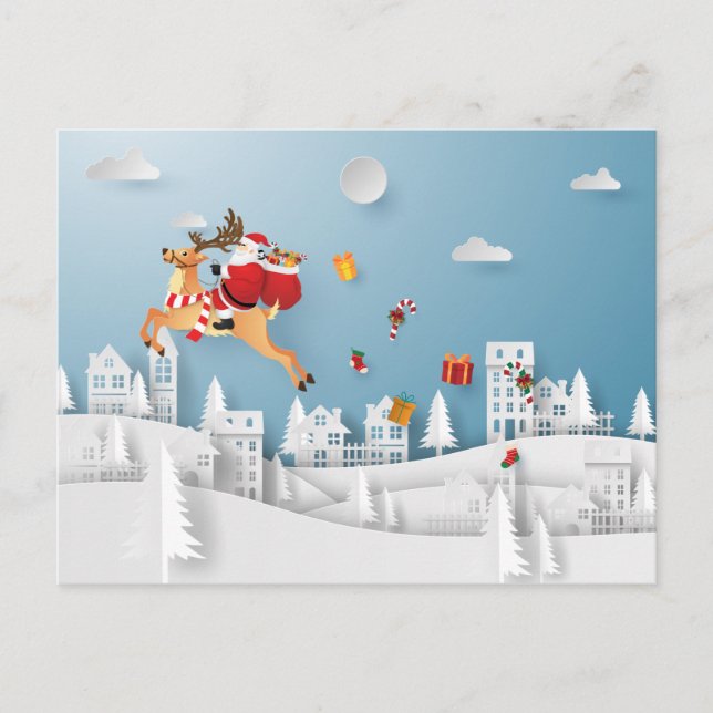 Papercut Santa überreicht Weihnachten in der Stadt Postkarte (Vorderseite)