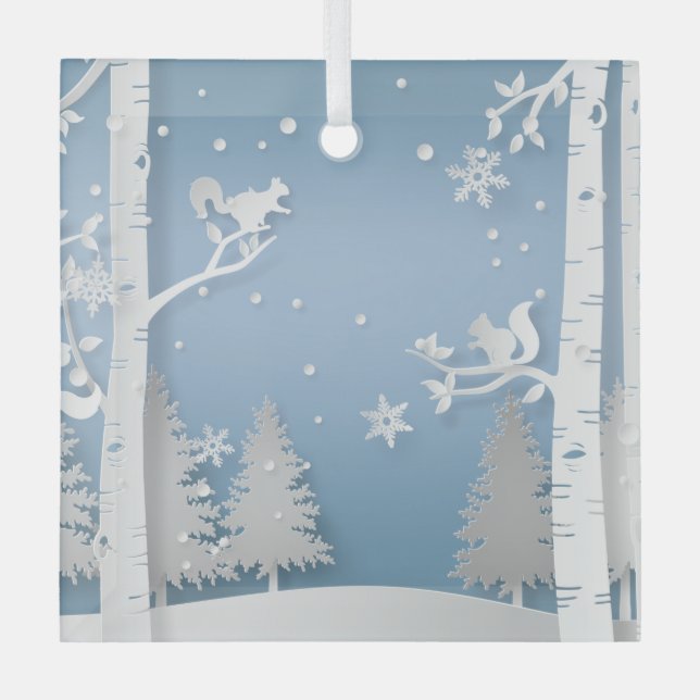 Papercut Winterwald und Eichhörnchen Ornament Aus Glas (Vorderseite)