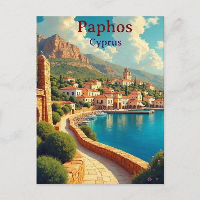 Paphos Cyprus vintage travel illustration Postkarte (Vorderseite)