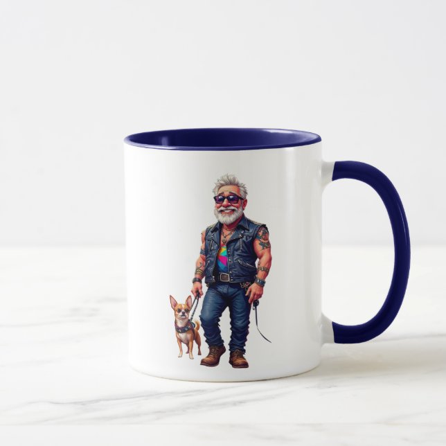 Papi Rocker mit seinem kleinen Lachhund. Tasse (Rechts)