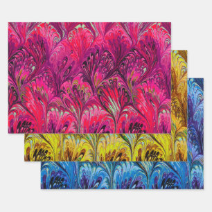 PAPIER, ABSTRAKT PINK BLUE YELLOW PATTER GESCHENKPAPIER SET