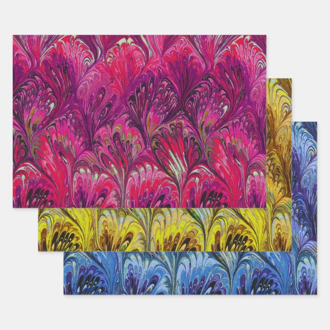 PAPIER, ABSTRAKT PINK BLUE YELLOW PATTER GESCHENKPAPIER SET (Set)