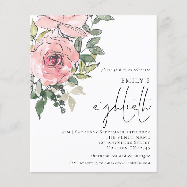 PAPIER Blush Pink Floral Achtzigste Party Einladun (Vorne)