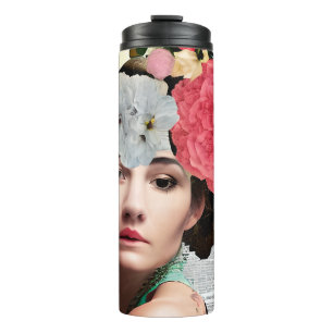 Papier-Collage-Stil-Kunst Dame und Blumen Thermosbecher