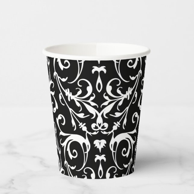 Papier-Cup mit schwarz-weißem Damast Pappbecher (Links)