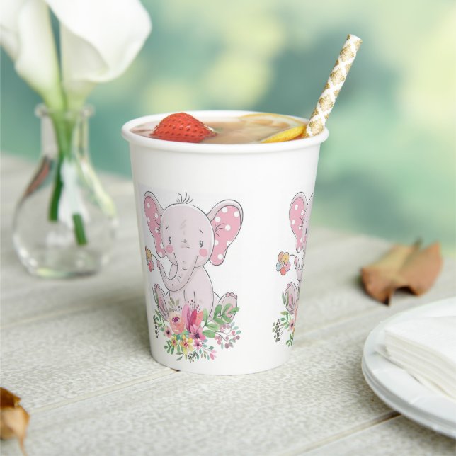 Papier Cup Pink Elephant Floral Pappbecher (In Situ)