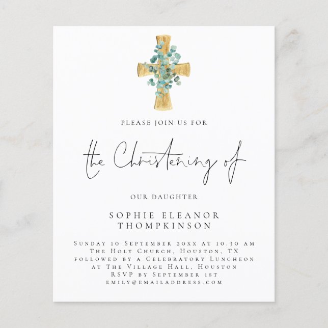 PAPIER | Eucalyptus Cross Script Christening Einla (Vorne)