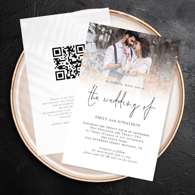 Papier Foto QR Code Skript Hochzeits-Einladung (Front and back view. Larger size budget price alternative)
