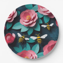 Papier geschnitten rosa Kamelien und Bienen Marine