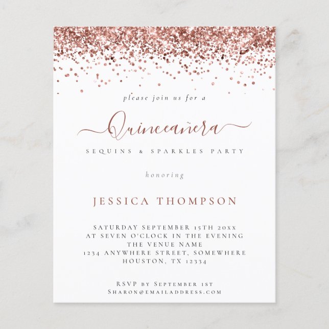 PAPIER | Girl Rose Gold Glitzer Quinceañera Einlad (Vorne)
