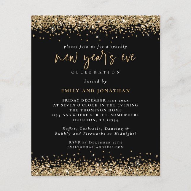 PAPIER | Gold Glitzer Silvester Black Invite (Vorne)