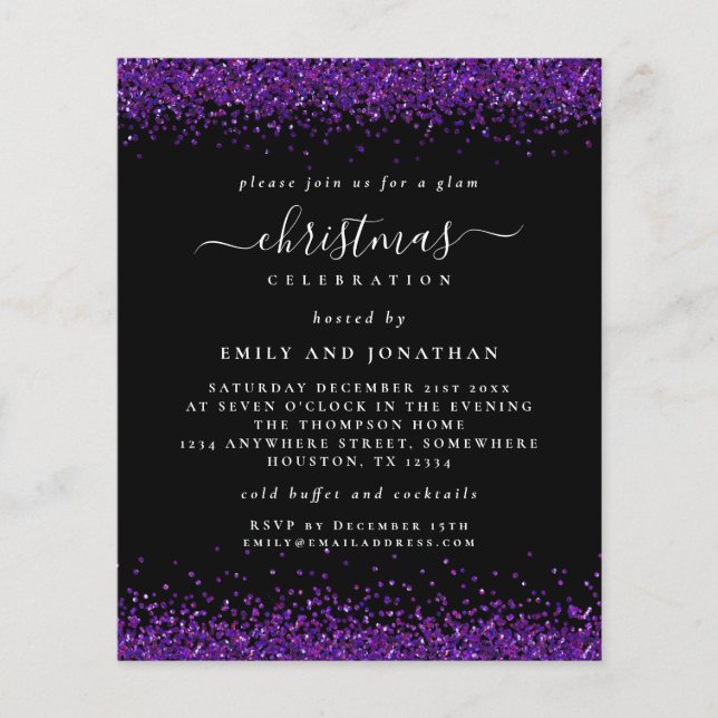 PAPIER Lila Glitzer Weihnachts-Party Black Invite (Vorne)