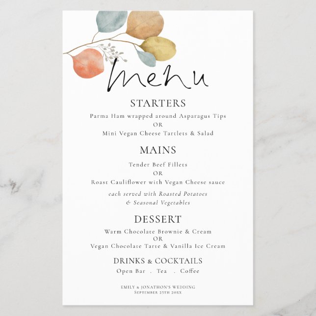PAPIER | Modernes Hochzeitsmenü für Wasserfarben (Vorne)