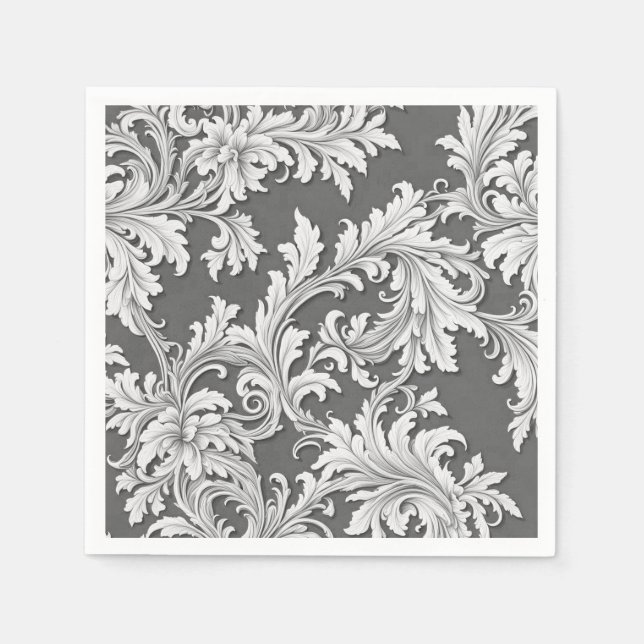 Papier Napkin Damask Design Grau Schwarz & Weiß Serviette (Vorderseite)