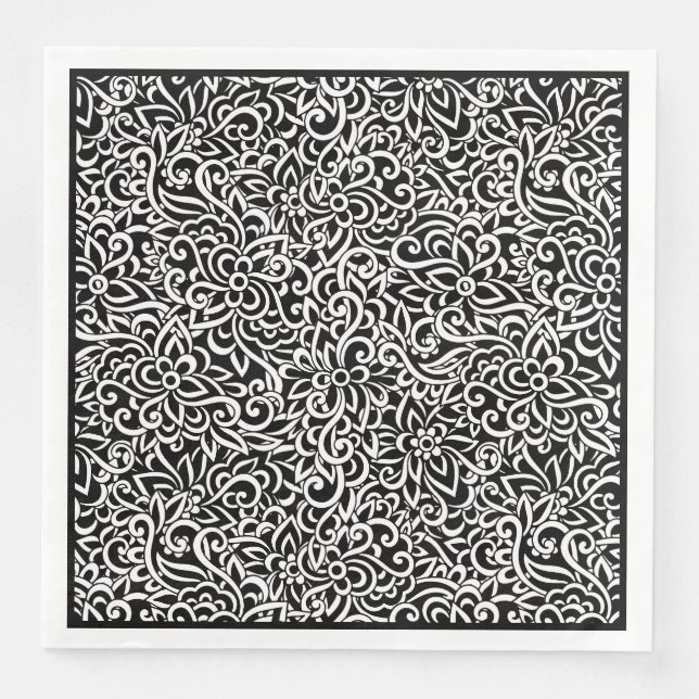 Papier Napkins-Black Damask Floral Serviette (Vorderseite)
