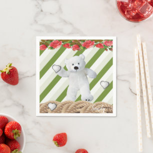 Papier Napkins, Weißer Teddy-Bär aus grünem Streif Serviette