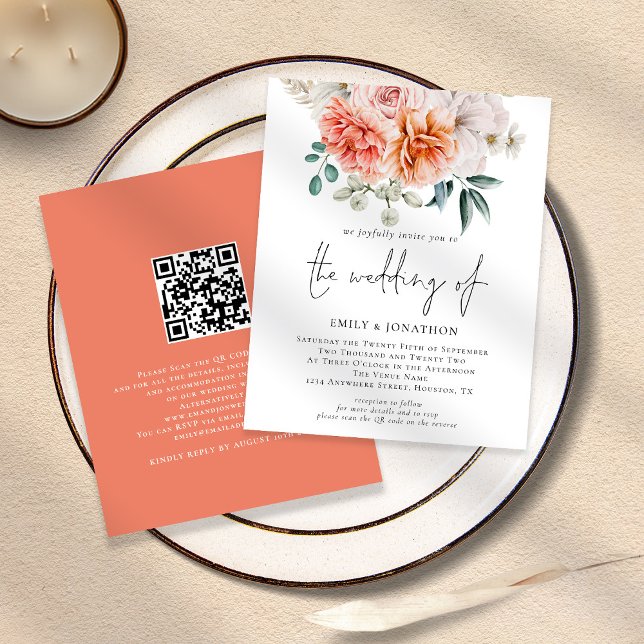 PAPIER Peach Peonies Floral QR Code Einladung Hoch (Von Creator hochgeladen)