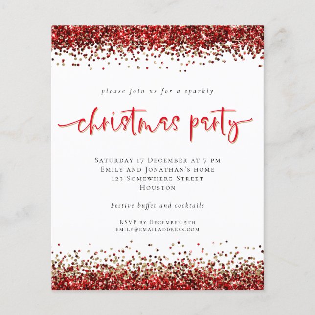 PAPIER | Red Gold Glitzer Weihnachts-Party Einladu (Vorne)