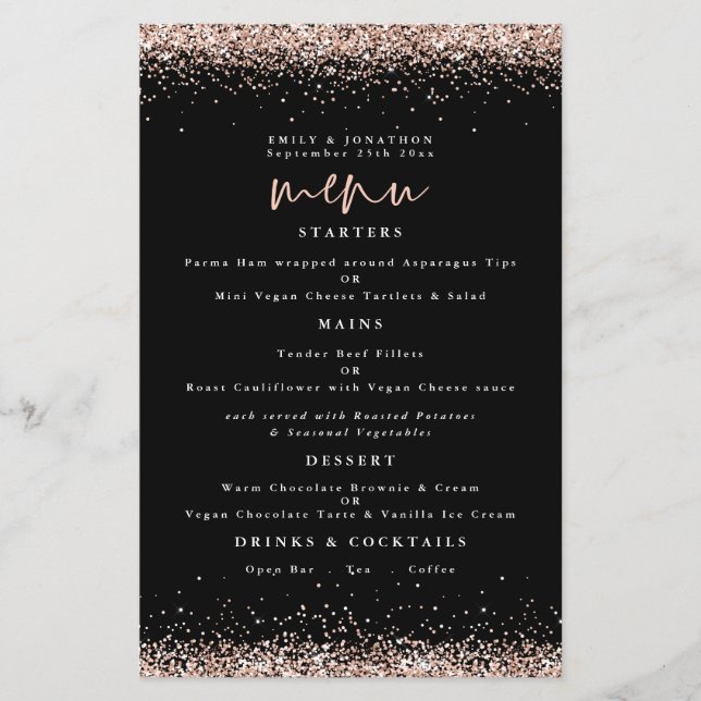PAPIER | Rose Gold Glitzer Wedding Black Menu (Vorne)