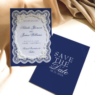 Papier Royale Blaue Spitze Doily Old Money Hochzei Save The Date
