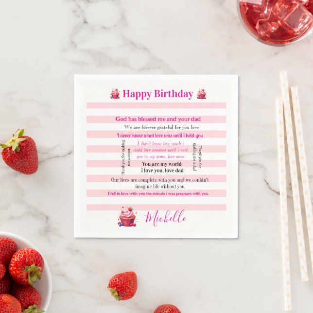Papier Servietten Rosa & Weiß gestreift Alles Gute (Beispiel)
