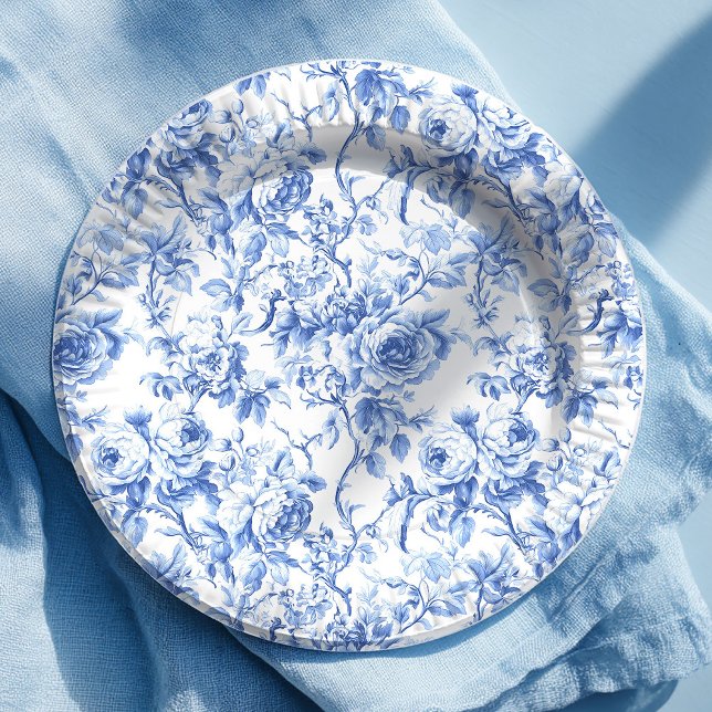 Papier-Teller mit Royalblauen französischen Toile- Pappteller (Royal Blue French Toile Roses Floral Paper Plates)